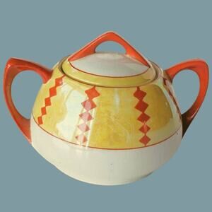 Vintage 1960s Hand Painted Geometric Orange and Yellow Sugar Bowl by Meito Japan